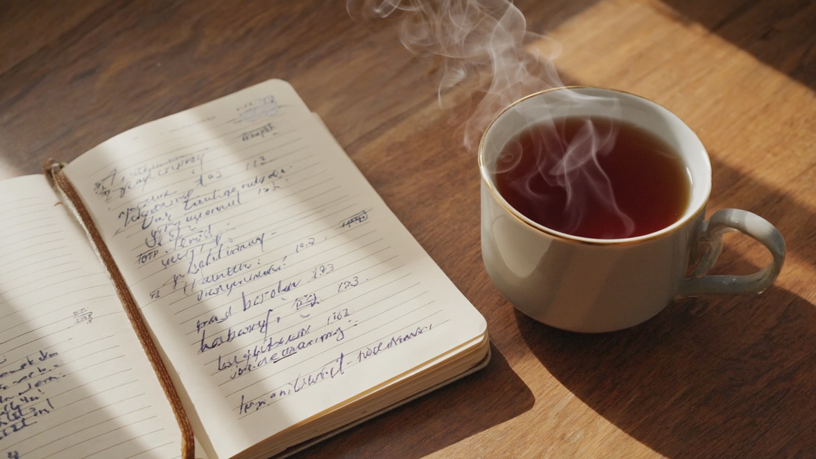 Aufgeschlagenes handbeschriebenes Notizheft mit fremdsprachigen Vokabeln neben einer Tasse Tee auf einem Holztisch
